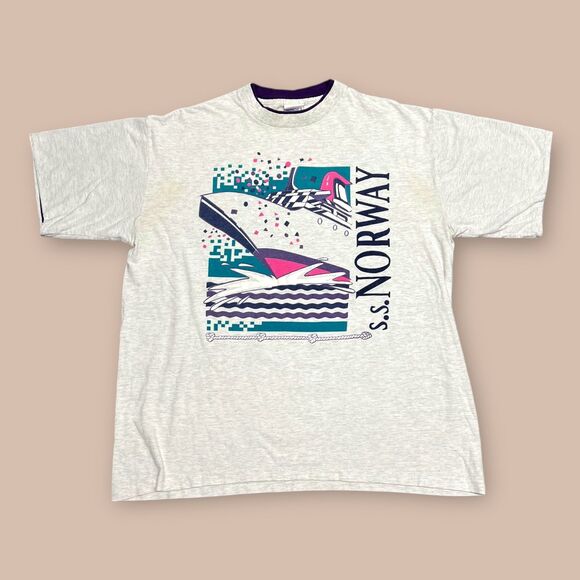 Vtg 90s SS Norway Cruise Ship Graphic Tee Two-Tone Collar - Picture 1 of 7